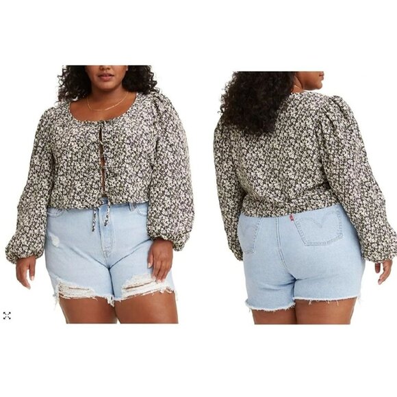 Levi’s Blouse Embry Front Tie Top Sheer Black White Floral Blouse Plus Size 3XL - Picture 5 of 8